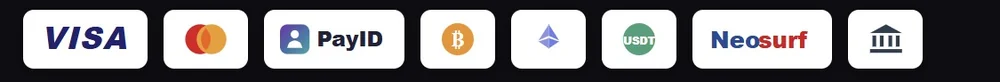 VISA, Mastercard, PayID, Bitcoin, Ethereum, USDT, Neosurf, Bank Transfer